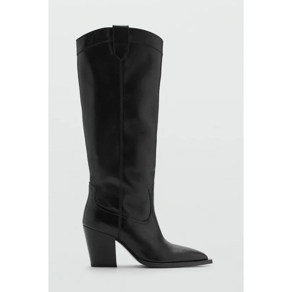 NEW MANGO MNG BLACK LEATHER COWBOY BOOTS SZ 38 7.5 - Picture 3 of 10